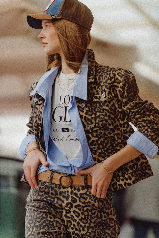 Brown jacket with leopard print in denim fabric | Just Cool Beans — coats and jackets | jackets