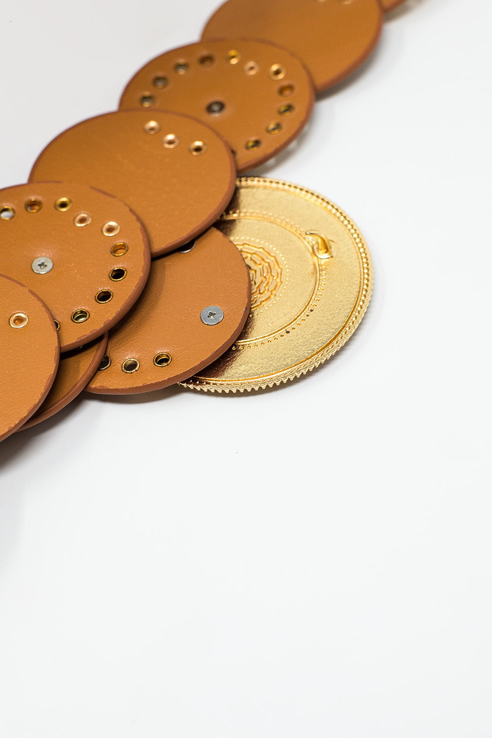 Brown leather belt with gold rhinestone round buckle and golden details