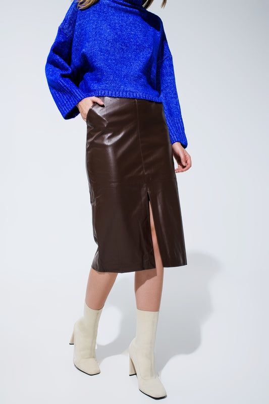 Brown leatherette pencil cut skirt | Just Cool Beans — skirts