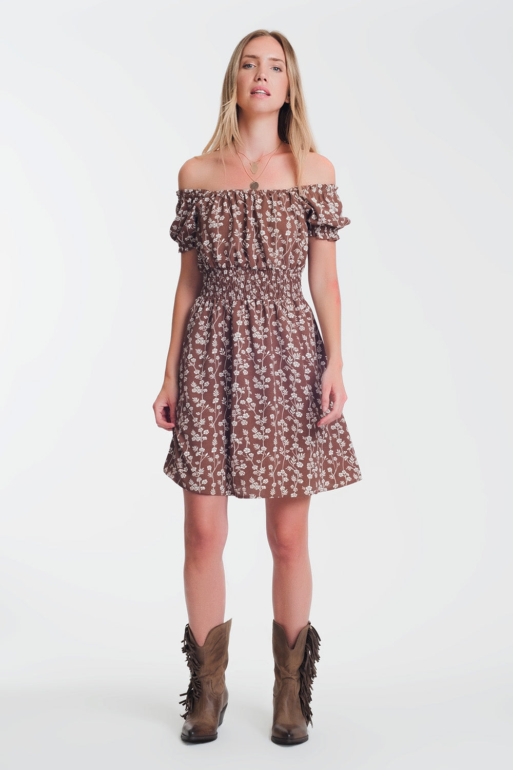 Brown mini bardot dress in floral print | Just Cool Beans — dresses