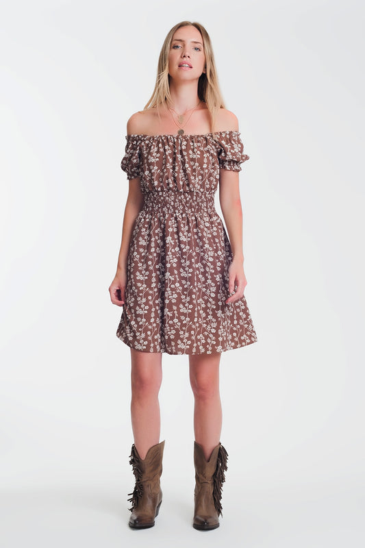 Brown mini bardot dress in floral print | Just Cool Beans — dresses