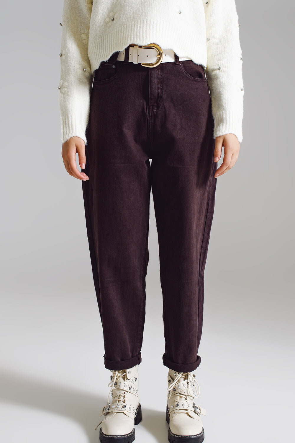 Brown relaxed pants with pocket detail at the waist | Just Cool Beans — jeans | bottoms