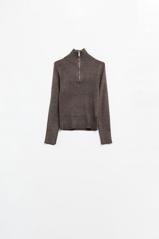 Brown ribbed fitted sweater with zip closure | Just Cool Beans — sweaters | tops