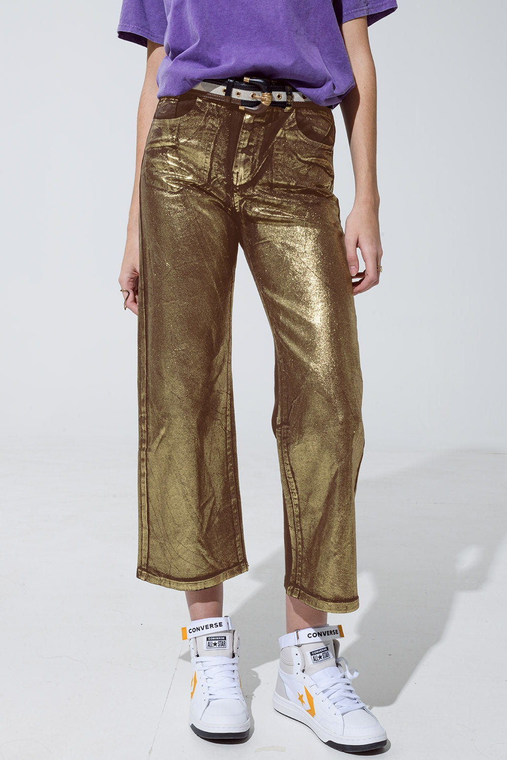 Brown straight leg jeans with gold metallic glow | Just Cool Beans — jeans | the denim shop