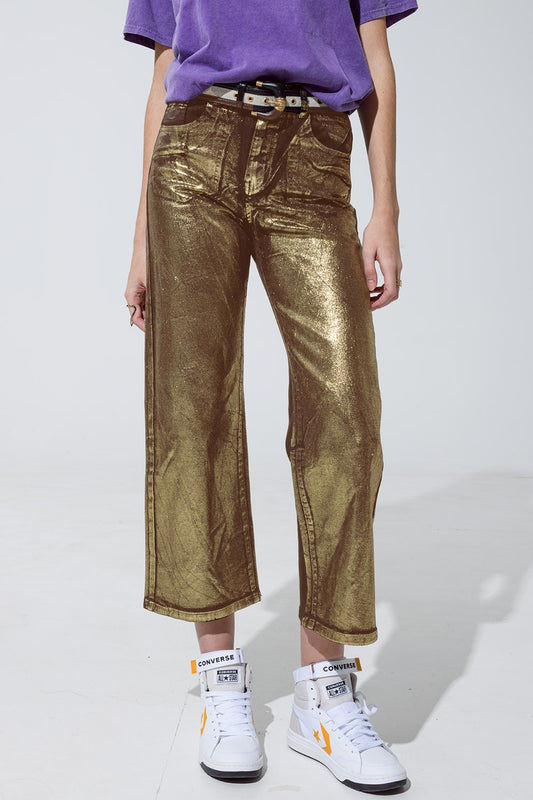 Brown straight leg jeans with gold metallic glow | Just Cool Beans — jeans | the denim shop
