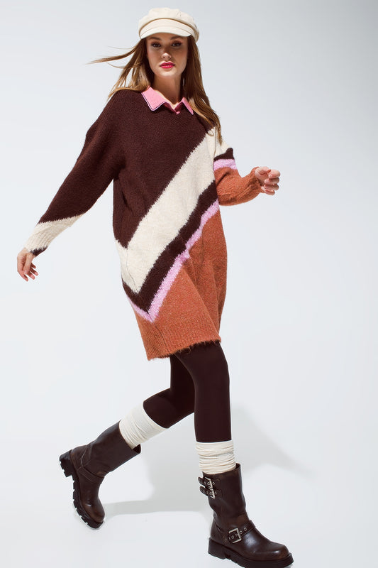 Brown striped oversized chunky knit dress with crew neck | Just Cool Beans — dresses