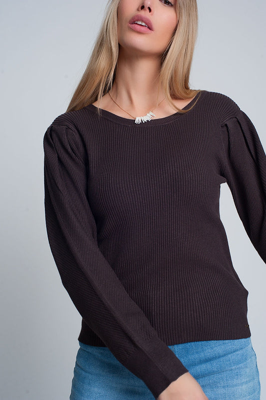 Brown sweater with long sleeves and shoulder ruffles | Just Cool Beans — sweaters | tops