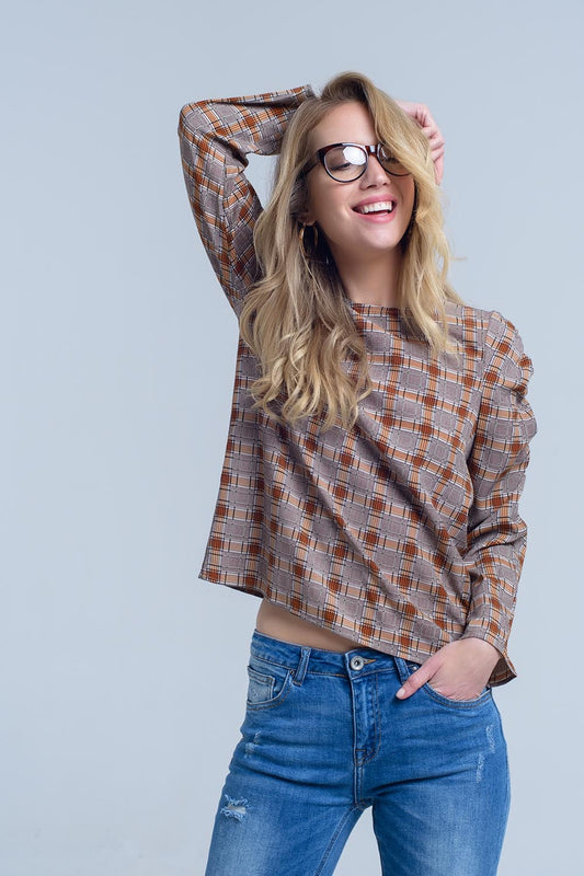 Brown top with check print | Just Cool Beans — shirts | tops