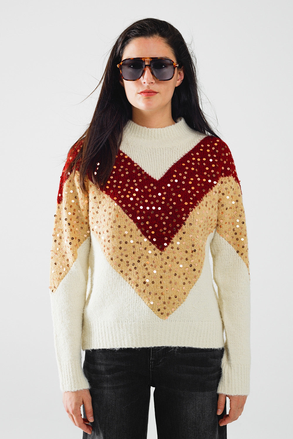 Burgundy and beige color block knit sweater with sequin embellishment | Just Cool Beans — sweaters | tops