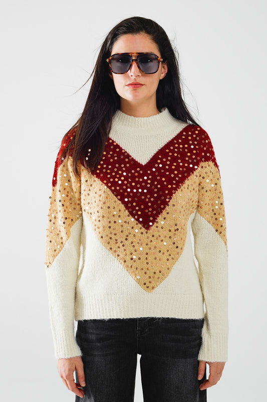 Burgundy and beige color block knit sweater with sequin embellishment | Just Cool Beans — sweaters | tops