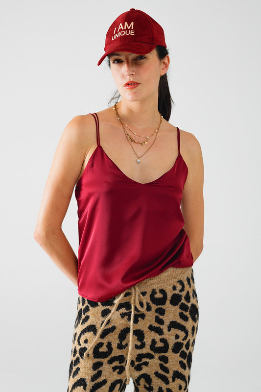 Burgundy satin spaghetti strap top | Just Cool Beans — tops