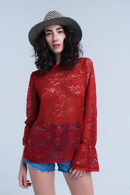 Burgundy sheer lace top with bell sleeves | Just Cool Beans — shirts | tops