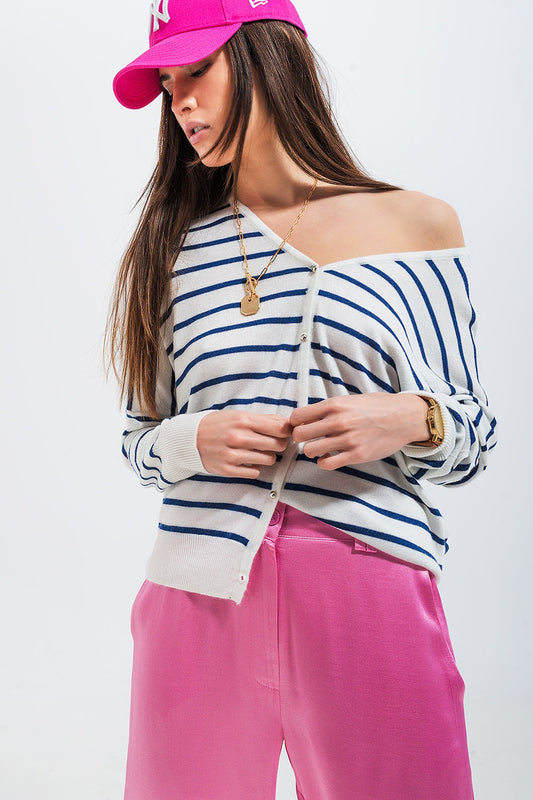 Button down cream cardigan top in stripe | Just Cool Beans — sweaters | tops