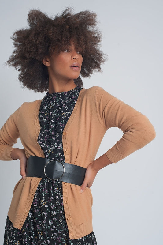 Button front cropped knit cardigan in camel | Just Cool Beans — sweaters | tops