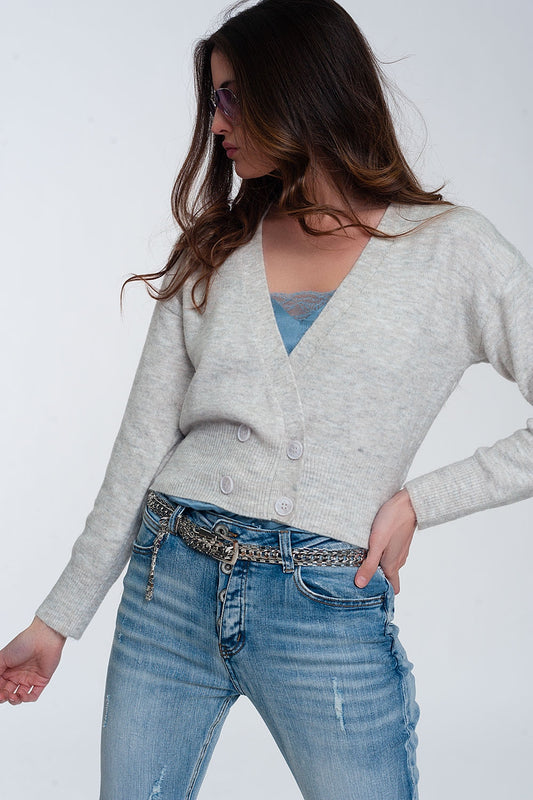 Button front cropped knit cardigan in light gray | Just Cool Beans — sweaters | tops