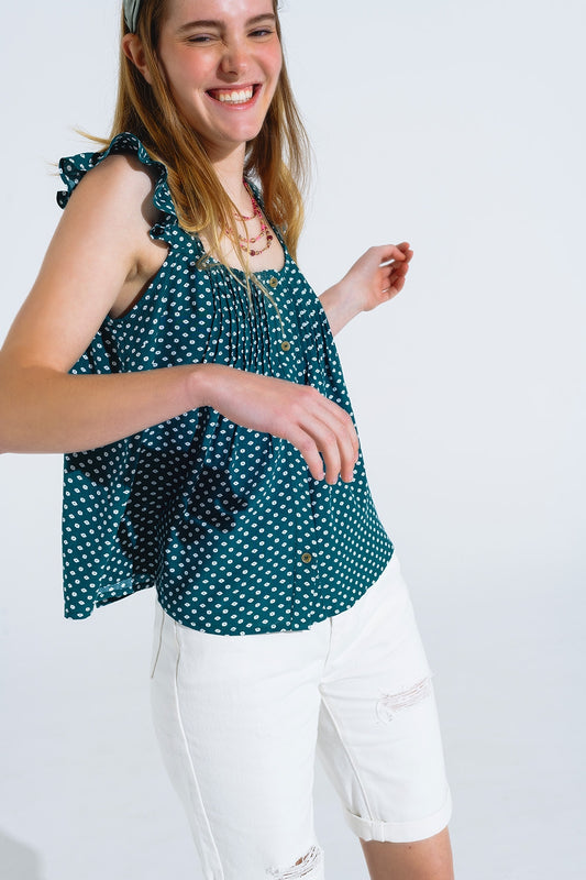 Button up blouse with frilly short sleeves and flower print in green | Just Cool Beans — tops | bottoms