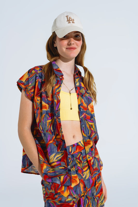 Button up relaxed blouse with short sleeves in red multicolor flower print | Just Cool Beans — shirts | bottoms