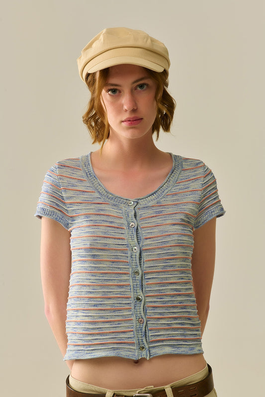 Buttoned sweater in blue featuring orange stripes | Just Cool Beans — sweaters | tops