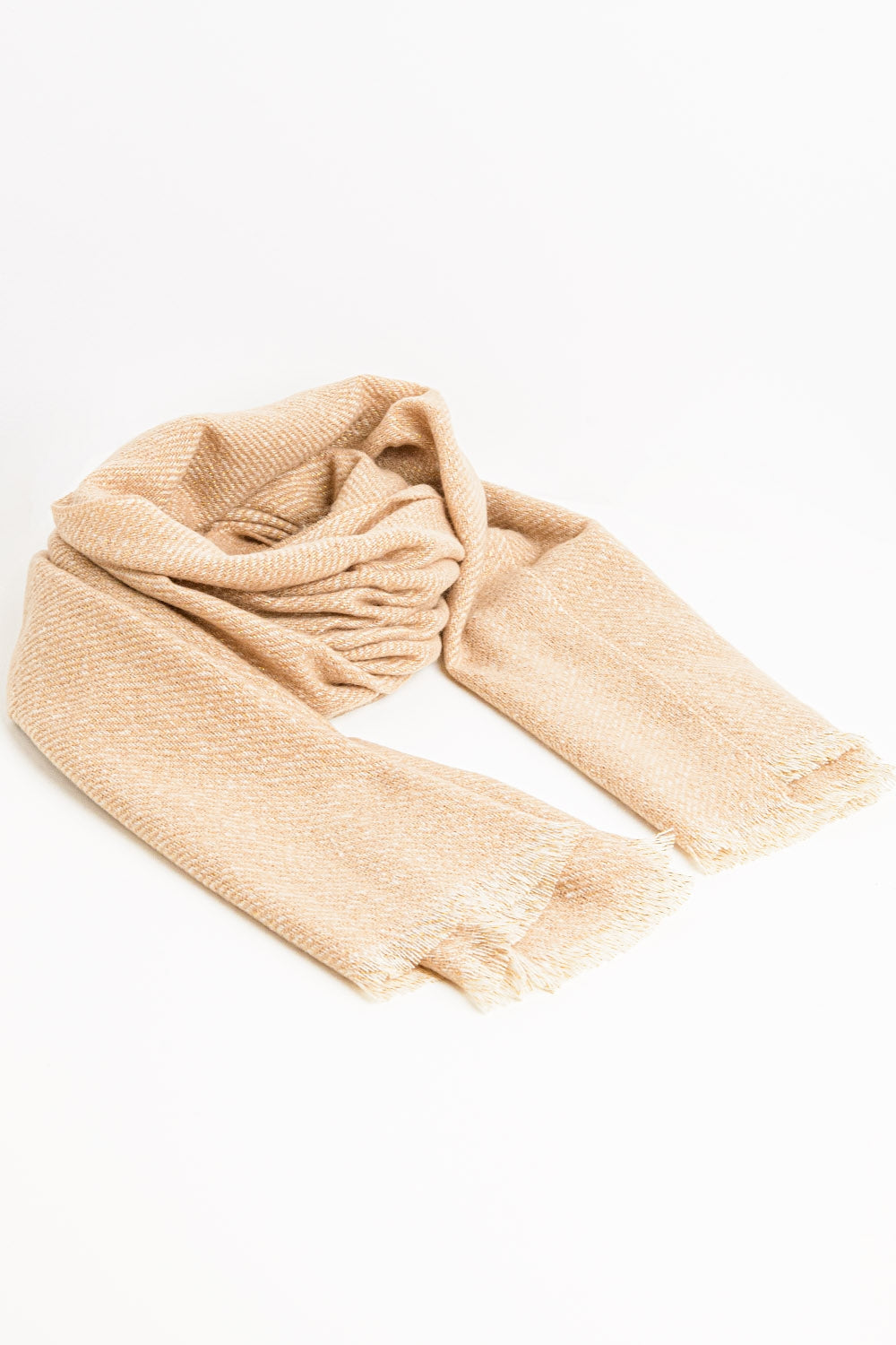 Camel-colored scarf with gold thread detail | Just Cool Beans