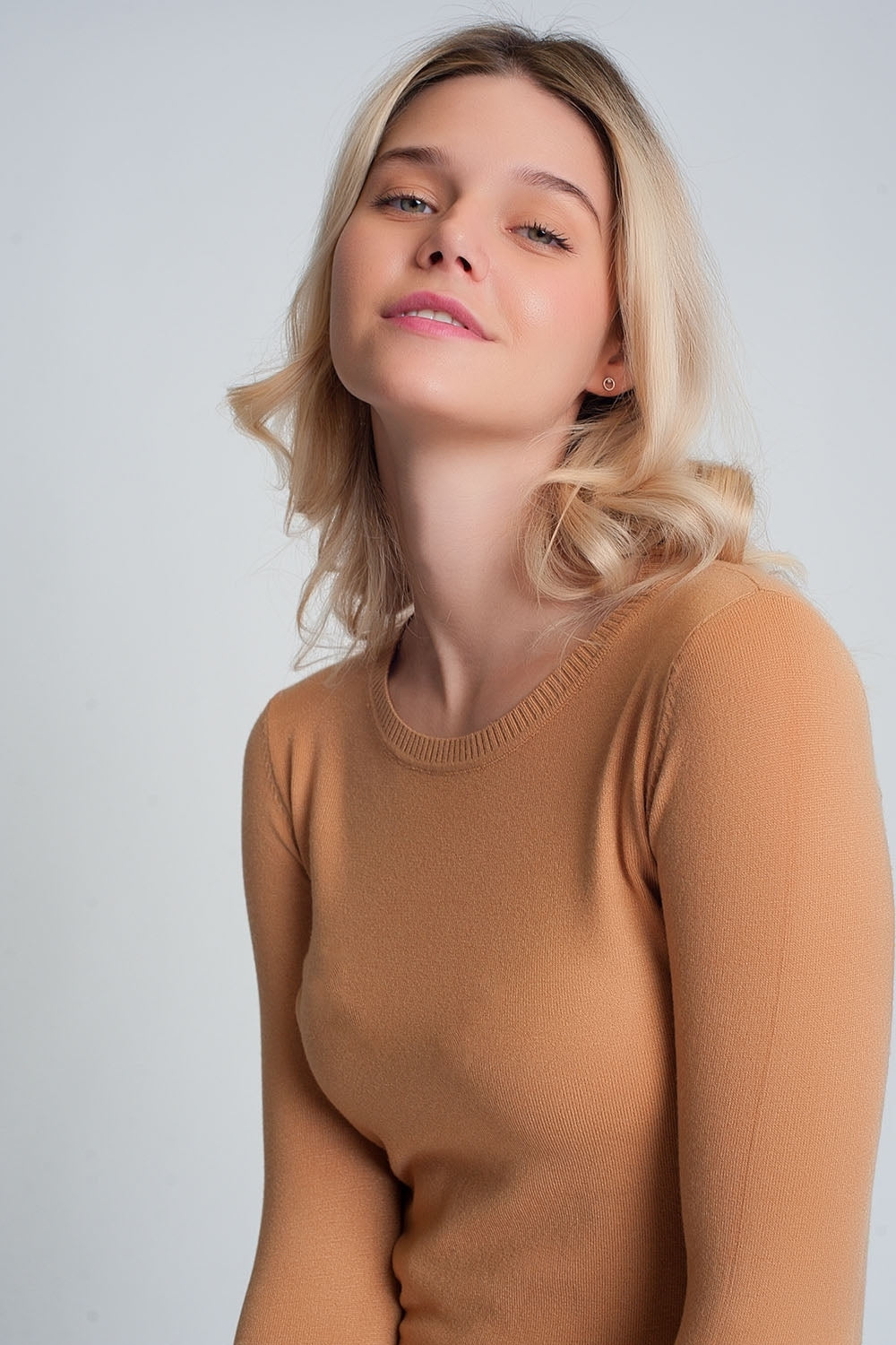 Camel plain crew neck knit jumper | Just Cool Beans — sweaters | tops