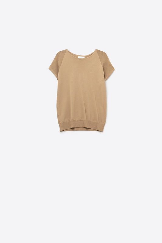 Camel Short Sleeve Sweater with Knitted Mesh on the Shoulder
