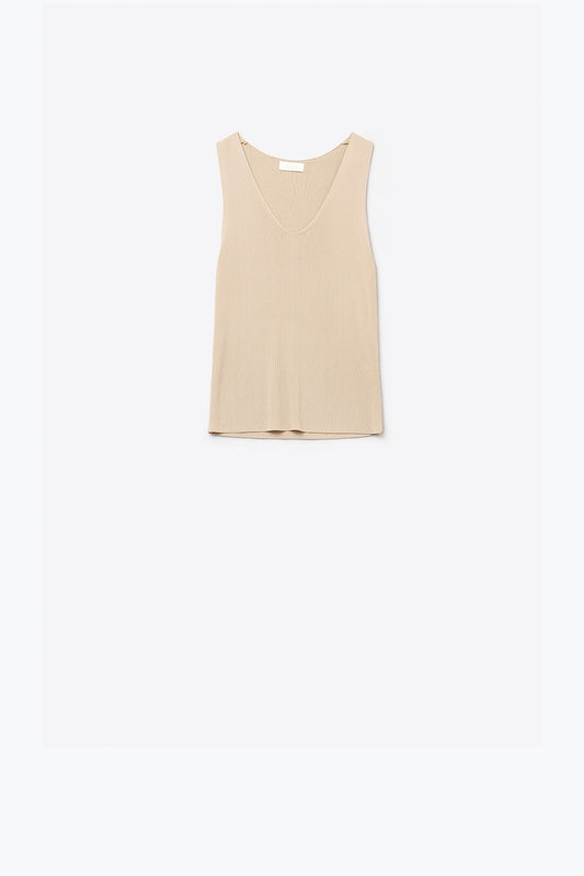 Camel sleeveless fine knitted top with v-neck | Just Cool Beans — sweaters | tops