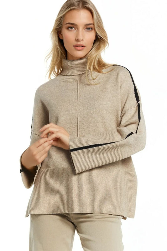Camel turtleneck sweater with black side stripe | Just Cool Beans — sweaters | tops