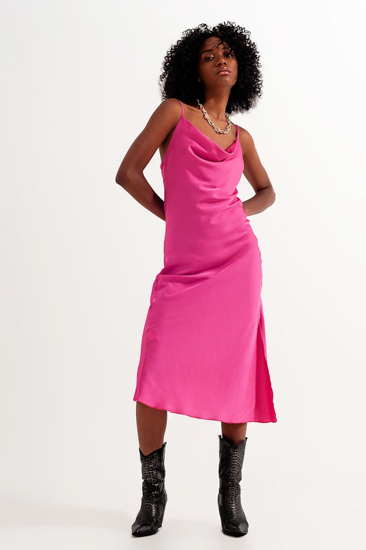 Cami midi slip dress in high shine satin in fuchsia | Just Cool Beans — dresses