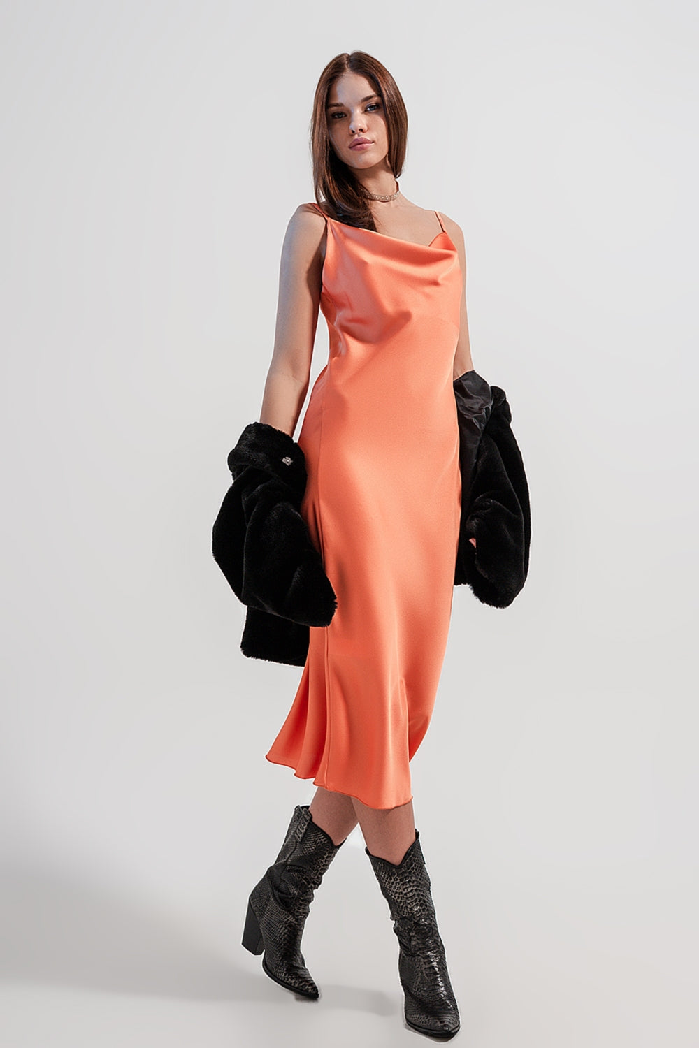 Cami midi slip dress in high shine satin in orange | Just Cool Beans — dresses