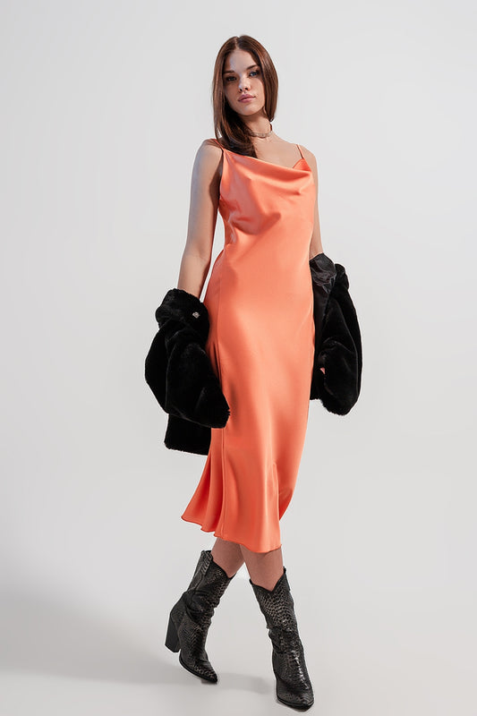 Cami midi slip dress in high shine satin in orange | Just Cool Beans — dresses