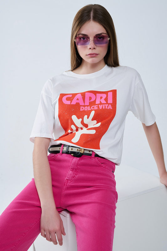 Capri la dolce vita white t-shirt with graphic print | Just Cool Beans — tops