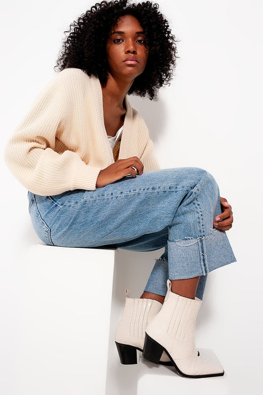Cardigan with long sleeves and diamante button detail in cream | Just Cool Beans — sweaters | tops