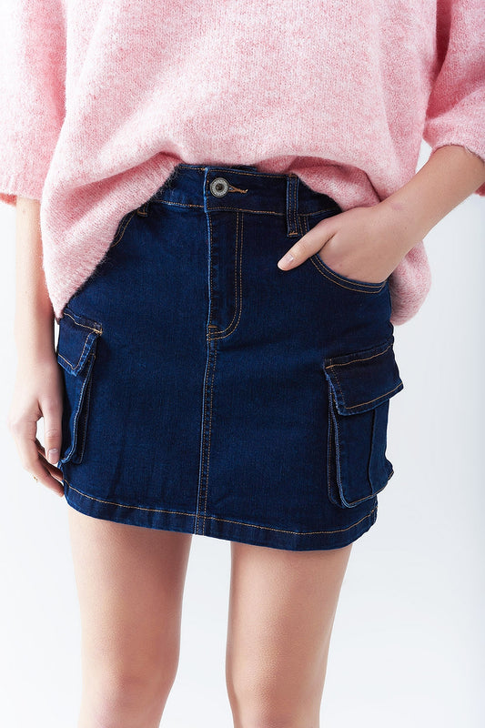 Cargo denim skirt in dark wash with contrasting stitching | Just Cool Beans — skirts