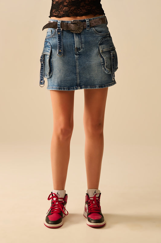 Cargo mini denim skirt with hanging details | Just Cool Beans — skirts