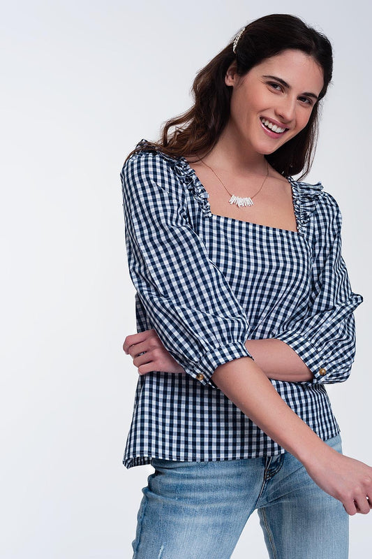 Check square neck top in navy | Just Cool Beans — tops