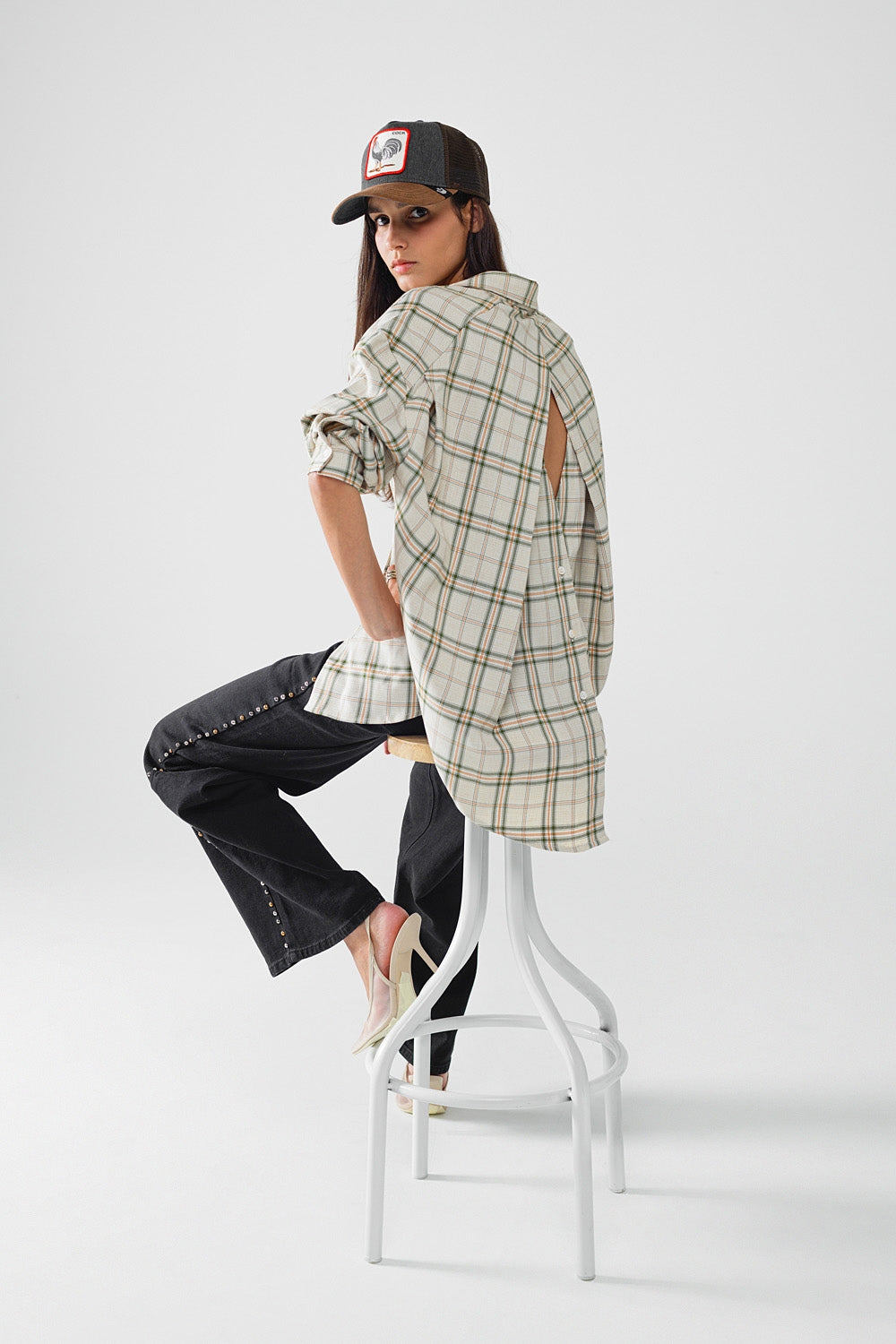 Checked shirt with back opening in beige | Just Cool Beans — shirts | nan