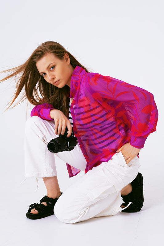 Chiffon floral print blouse in fuchsia | Just Cool Beans — shirts | tops