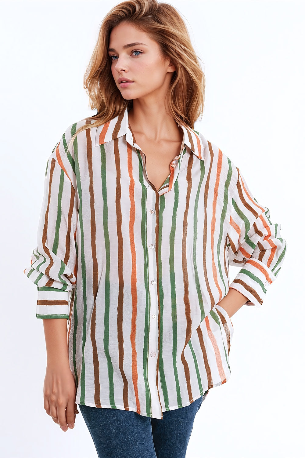 Chiffon long sleeve shirt with multicolor stripes green and brown | Just Cool Beans — shirts | nan