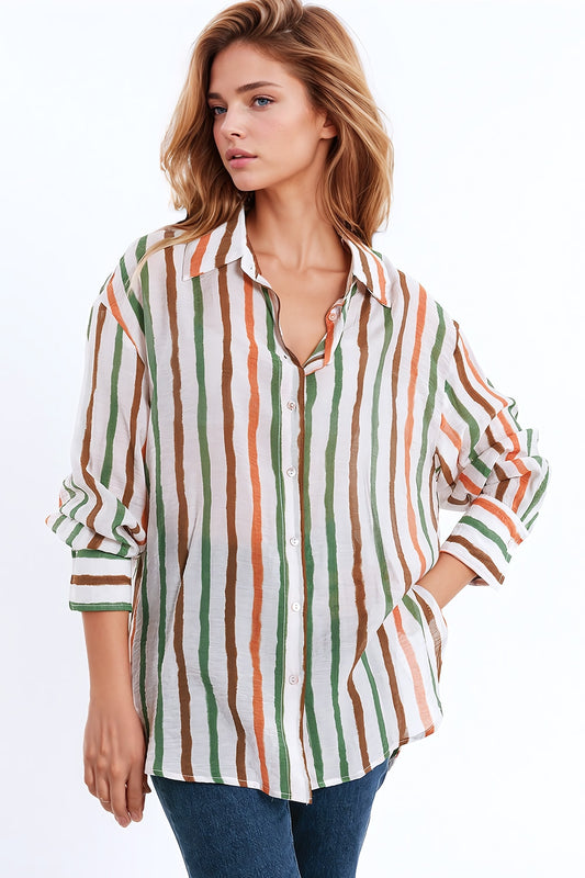Chiffon long sleeve shirt with multicolor stripes green and brown | Just Cool Beans — shirts | nan