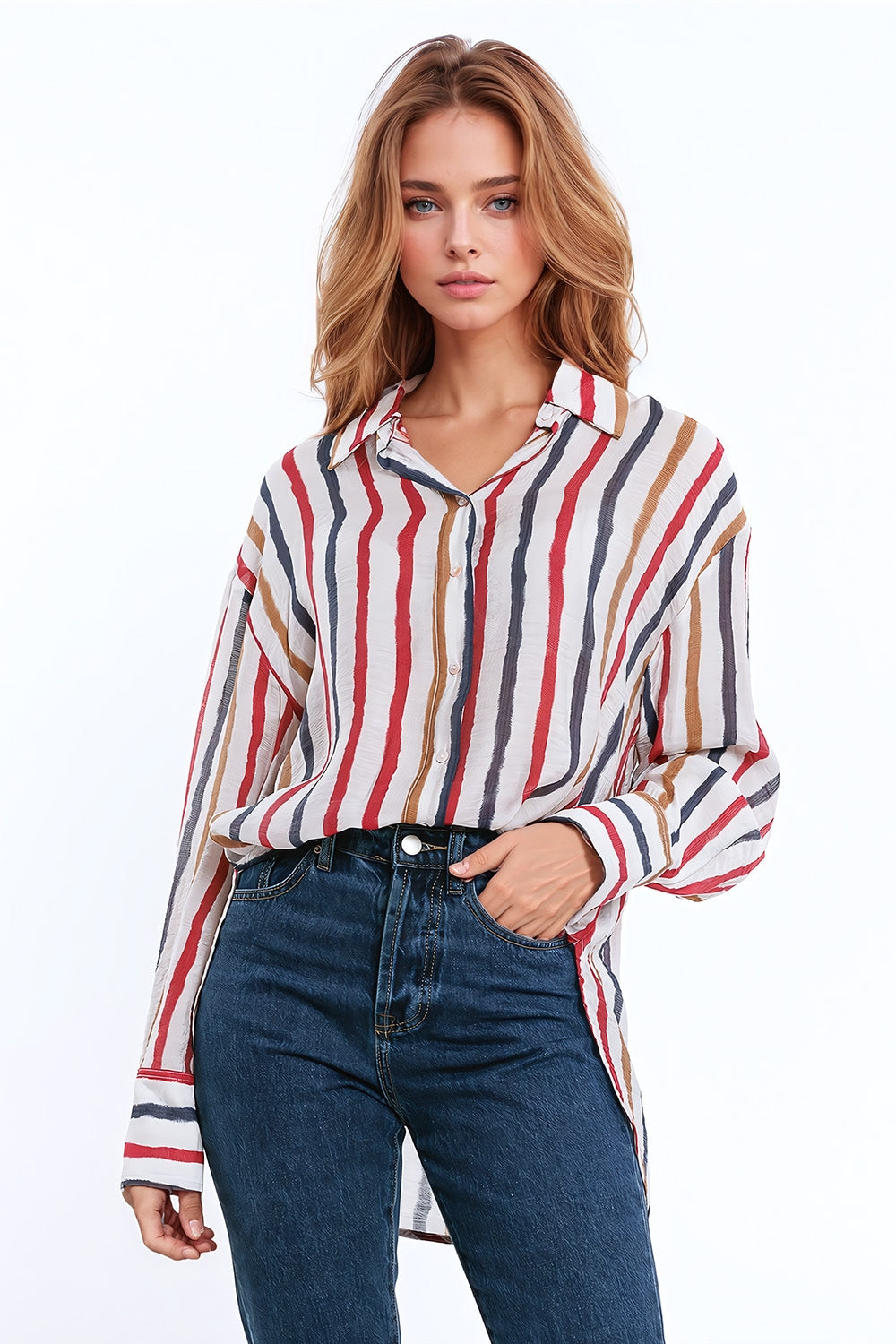 Chiffon long sleeve shirt with multicolor stripes red and navy | Just Cool Beans — shirts | nan