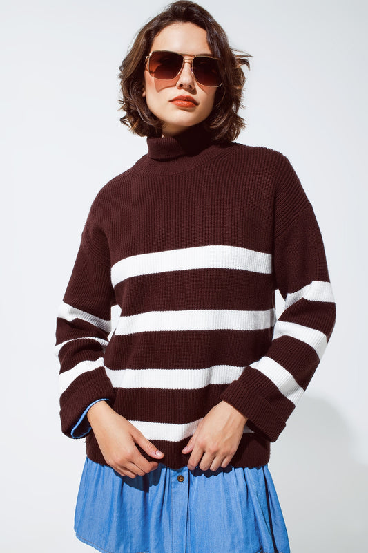Chocolate brown turtle neck sweater with white  stripes | Just Cool Beans — sweaters | tops
