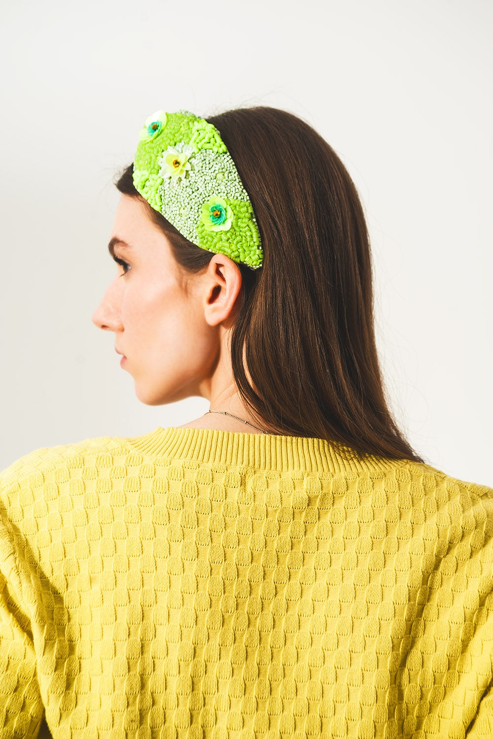 Chunky Headband with Embellished Green Flowers