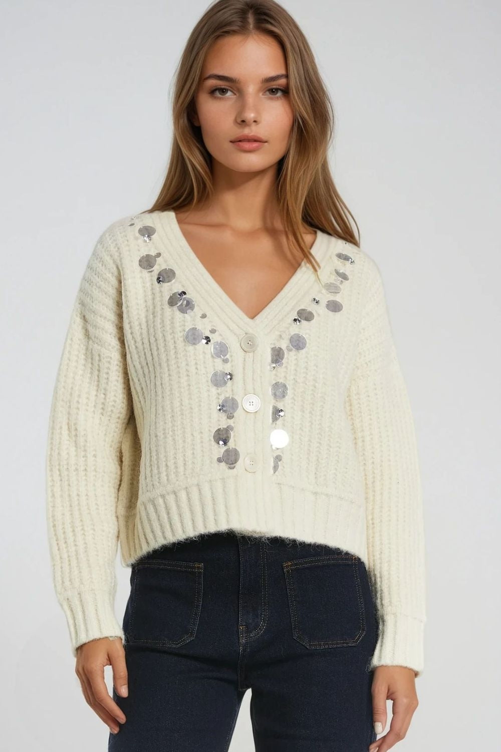 Chunky knit cardigan with sequin detail | Just Cool Beans — sweaters | tops
