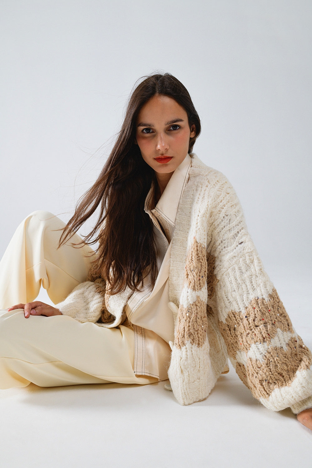 Chunky knit striped cardigan with sequin details in cream | Just Cool Beans — coats and jackets | jackets