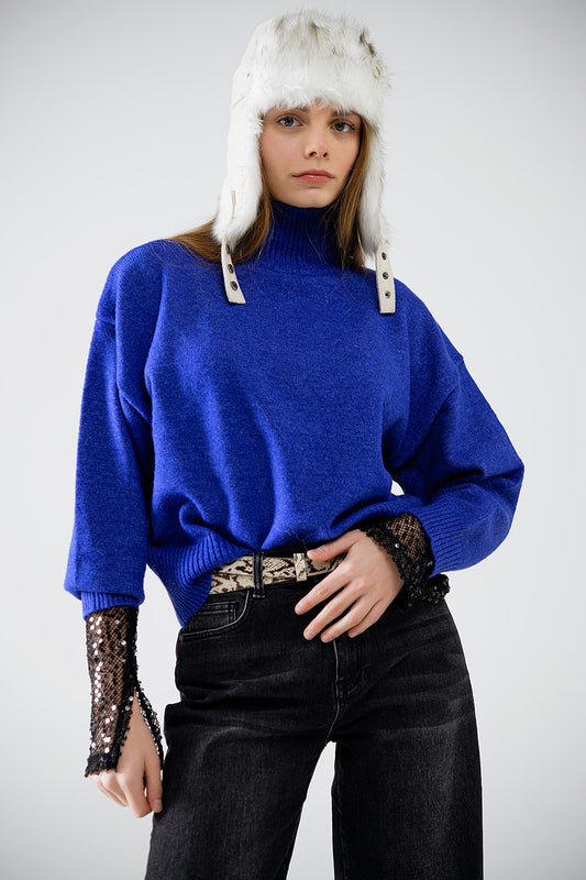 Chunky knit sweater in blue with turtleneck | Just Cool Beans — sweaters | tops