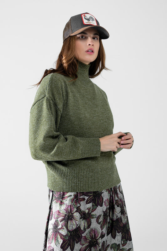 Chunky knit sweater in green with turtleneck | Just Cool Beans — sweaters | tops