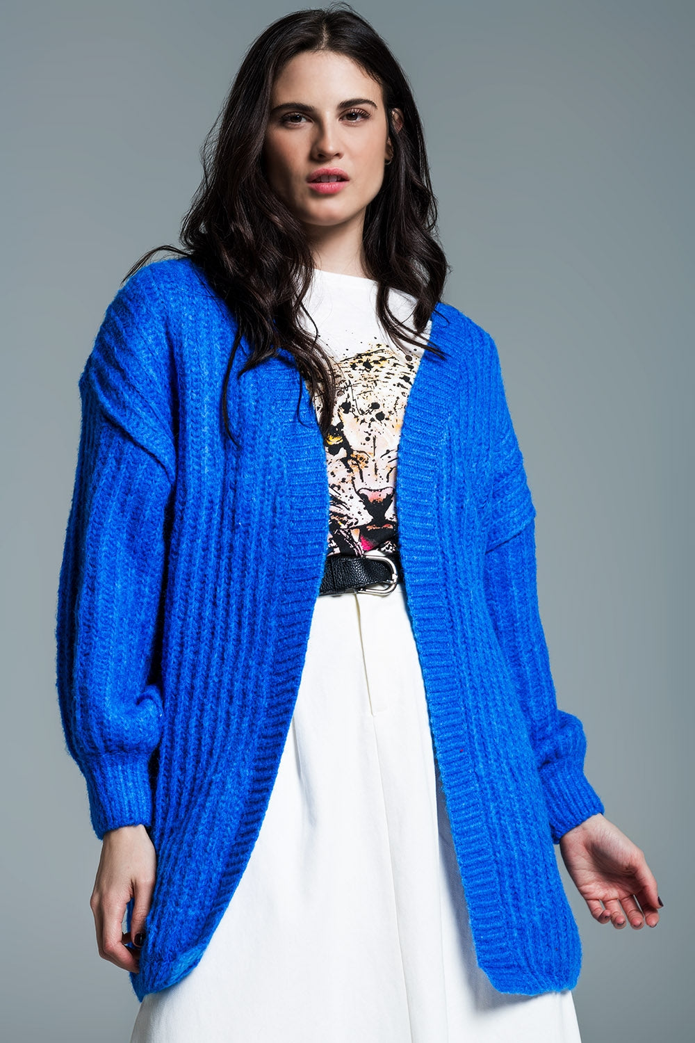 Chunky rib cardigan with 3/4 sleeve in royal blue | Just Cool Beans — sweaters | tops
