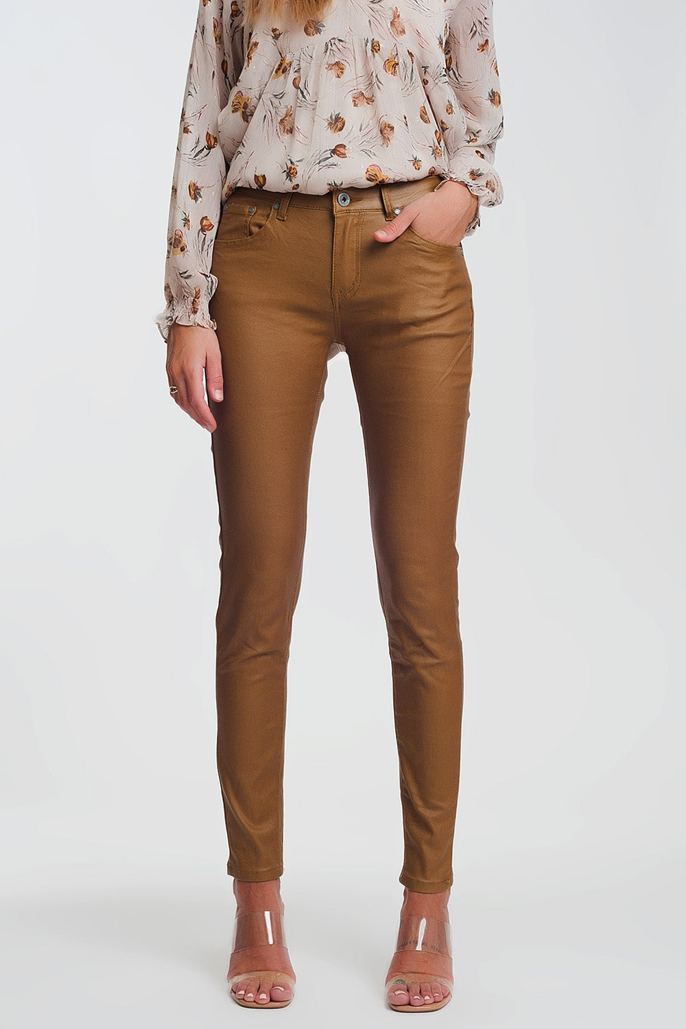 Coated skinny pants in camel | Just Cool Beans — pants | bottoms