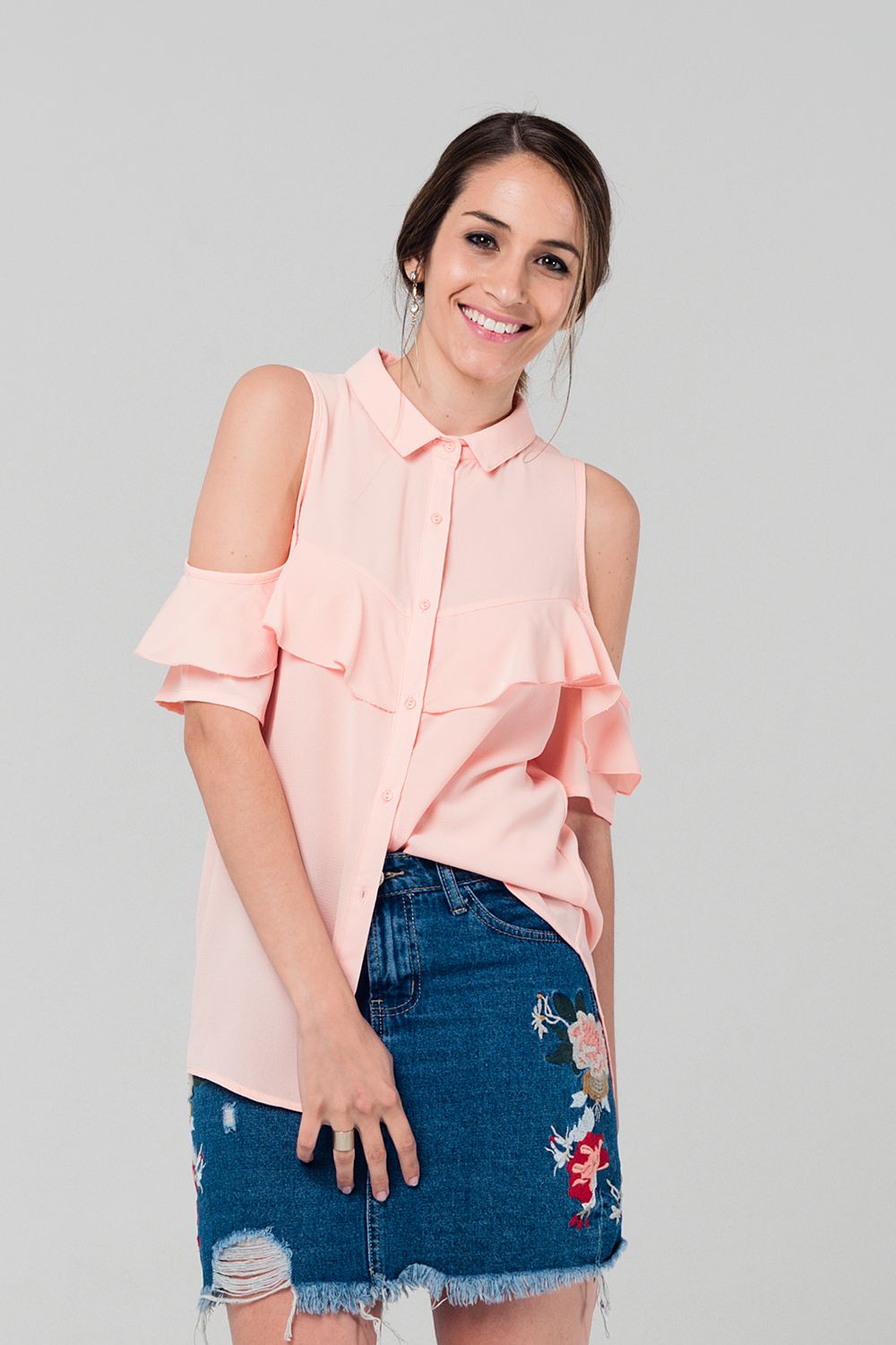 Cold shoulder ruffled shirt in pink | Just Cool Beans — shirts | nan