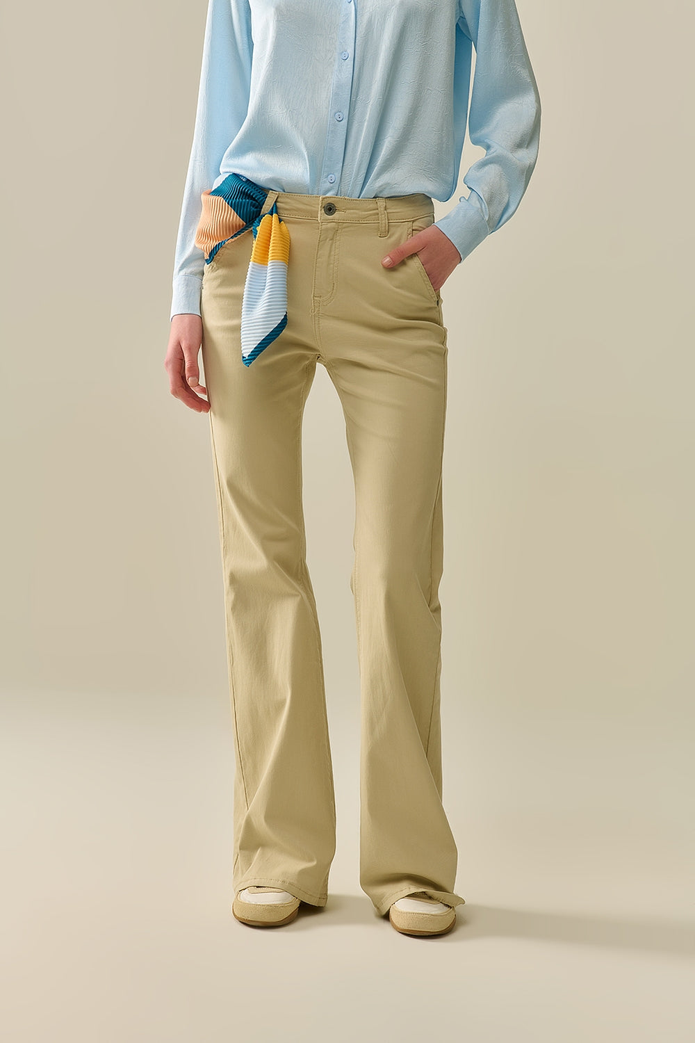 Comfy stretcy beige flared pants | Just Cool Beans — pants | bottoms